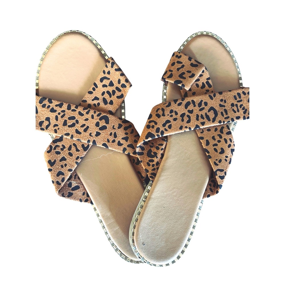 SHEIN Leopard Print Slide Sandals Womens 40 Brown Like New Crisscross Studded